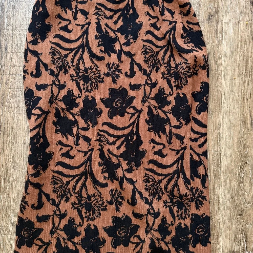 Cherie‎ Collette Brown Black Floral Knit Midi Skirt Side Slit Medium BS0071-SET